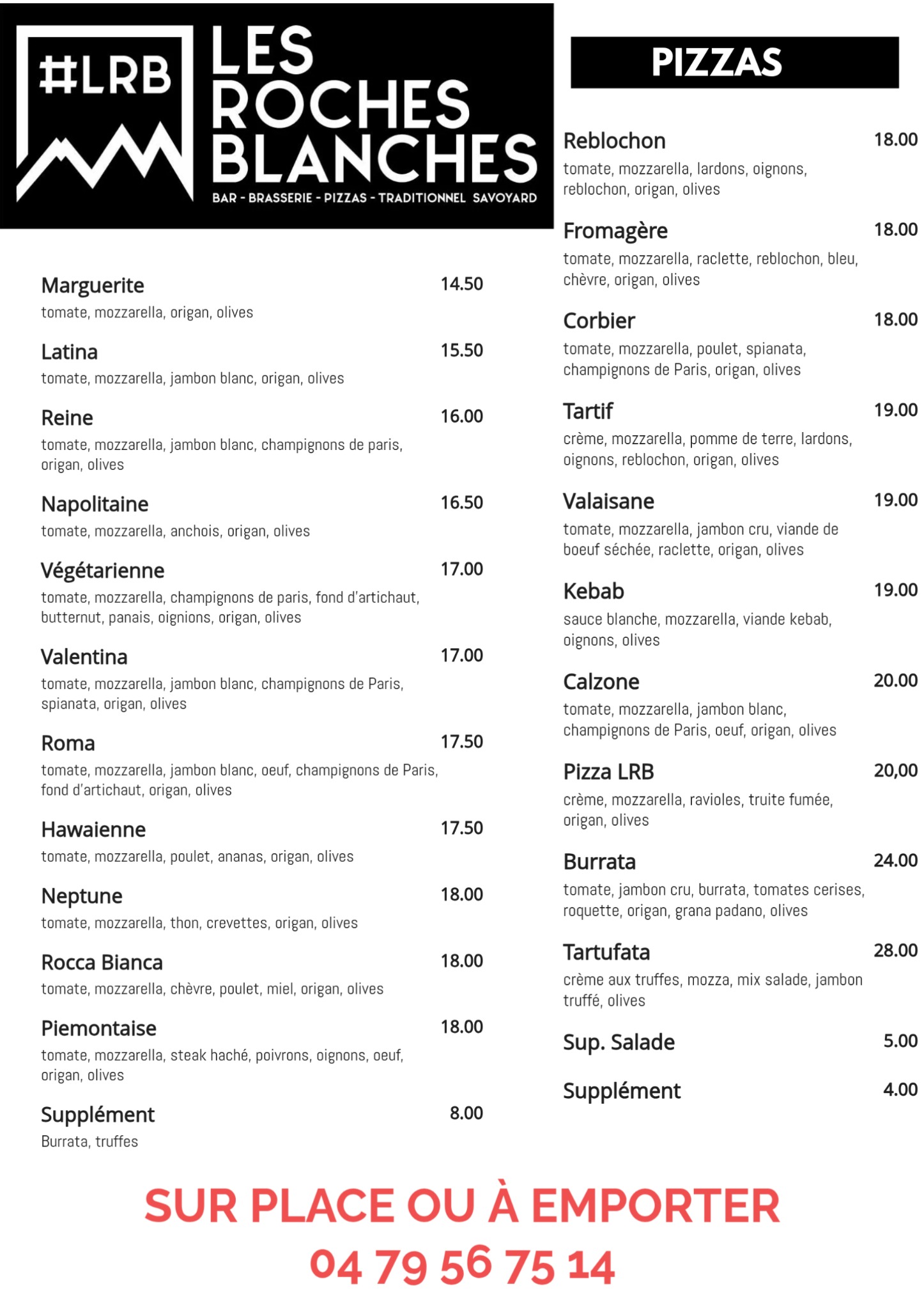 Carte pizza Les Roches Blanches